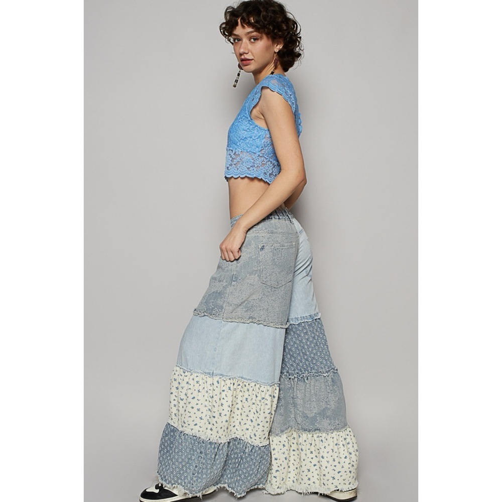 Mixed Denim & Floral Tiered Ruffle Exaggerated Wide Leg Patchwork Jeans - Picture 3 of 9